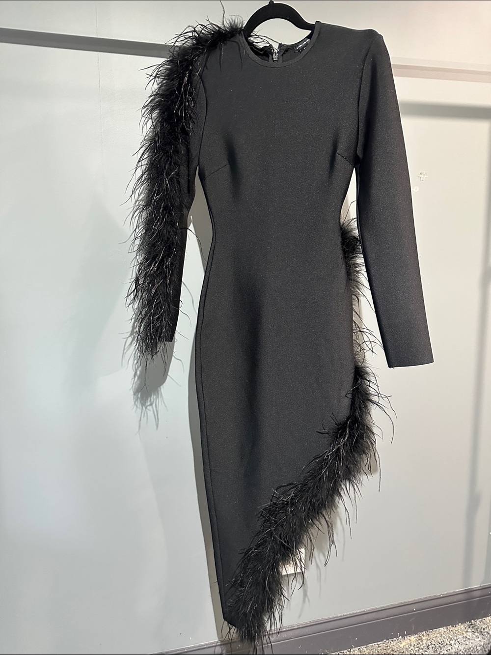 Karen Millen Black Long-Sleeve Feather-Trim Bodycon Dress